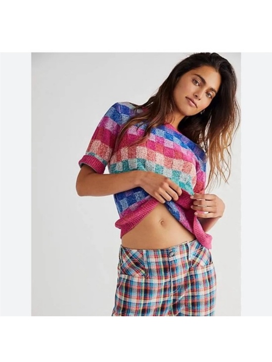 Free People Sweaters - Free People Sweater Top Women Medium Pink Blue Short Sleeve Knit Hudson M